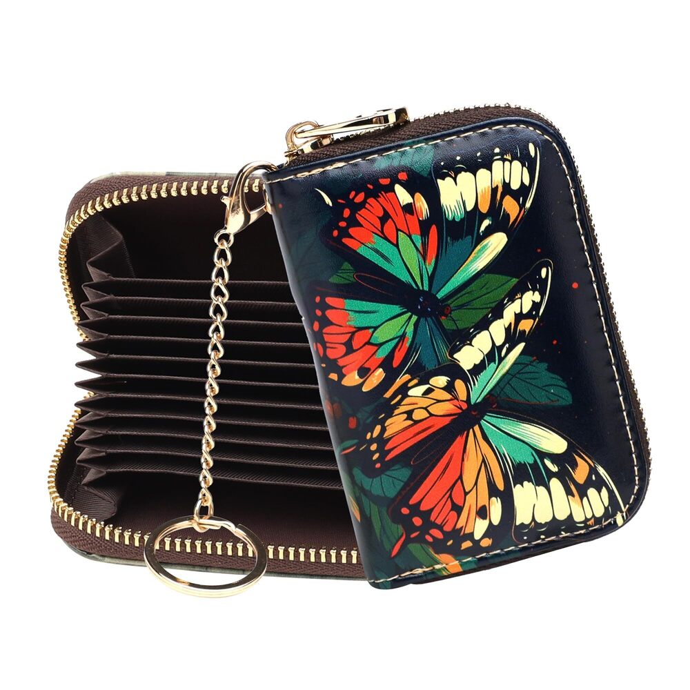 3843 RFID Credit Card Holder Wallets Leather Zipper Card Case Keychain